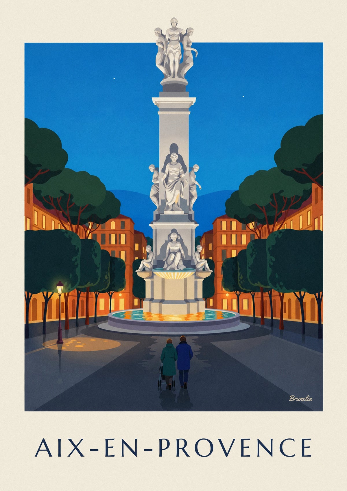 Affiche fontaine de la Rotonde sur le cours Mirabeau d'Aix