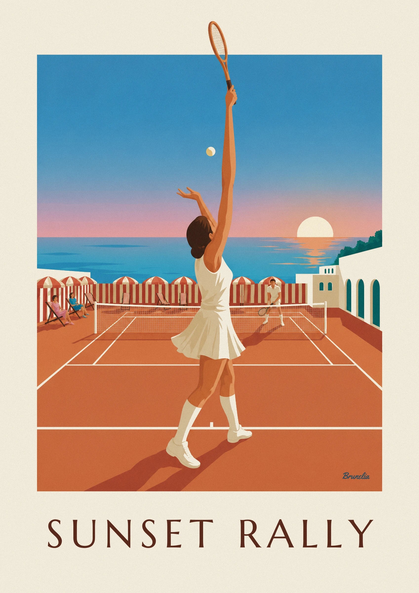 Le soleil couchant sur la mer, derrière les bâtiments blancs aux ouvertures turquoise