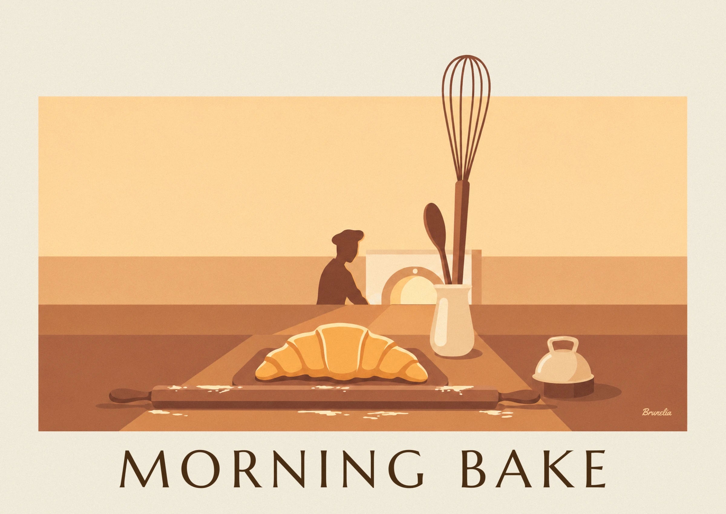The golden croissant on its baking tray, with the pastry chef in a chef's hat in front of the oven