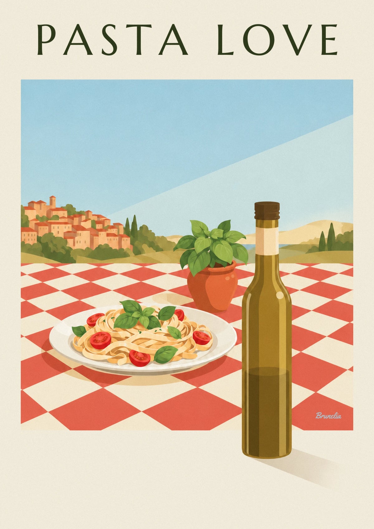 Affiche assiette de pâtes fraîches au basilic et tomates