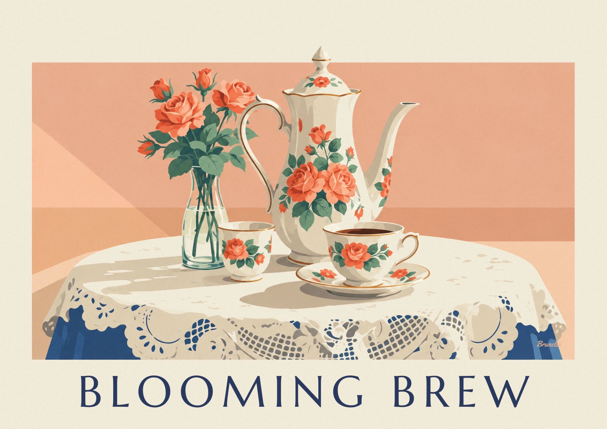 La théière et la tasse en porcelaine aux roses orangées et aux liserés dorés