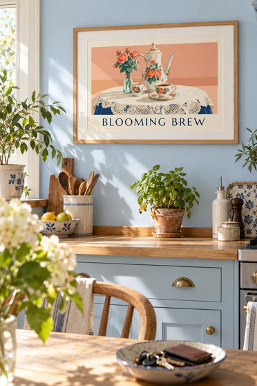 Teapot and coffee cup in flowered porcelain poster: framed on the wall