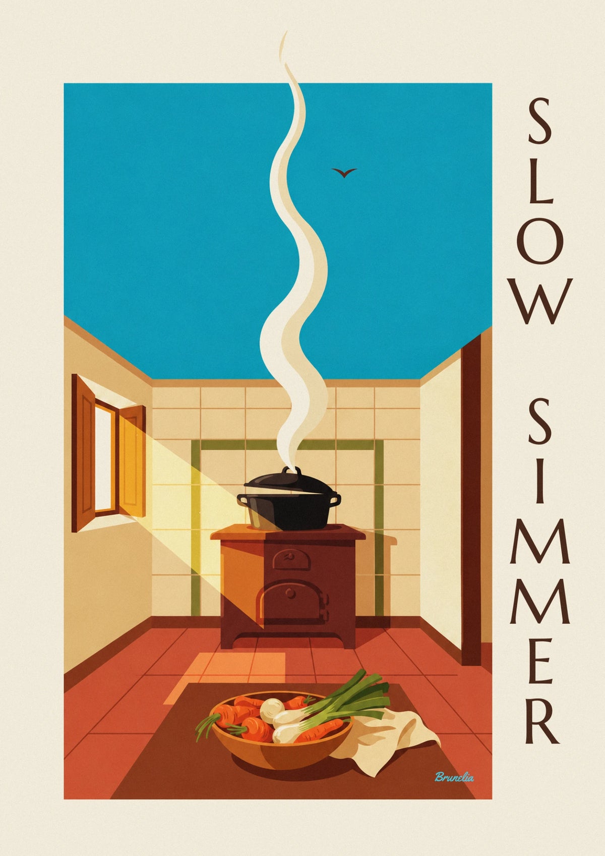 Affiche pot-au-feu fumant dans sa marmite en fonte