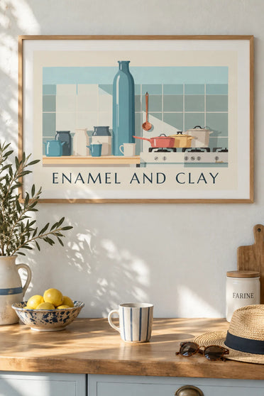 Poster pentole smaltate e vasi in ceramica in cucina: appeso al muro con cornice