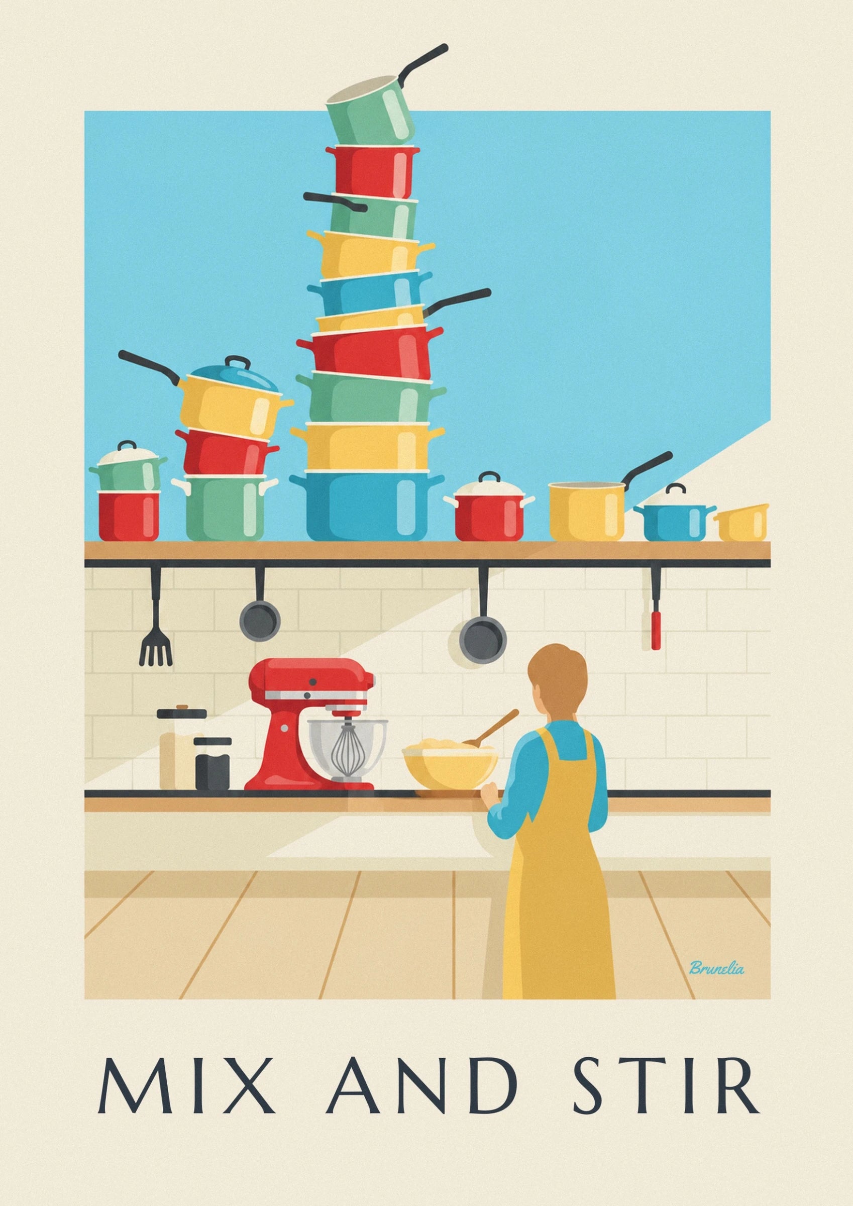A stack of red, yellow, green and blue saucepans against a turquoise background