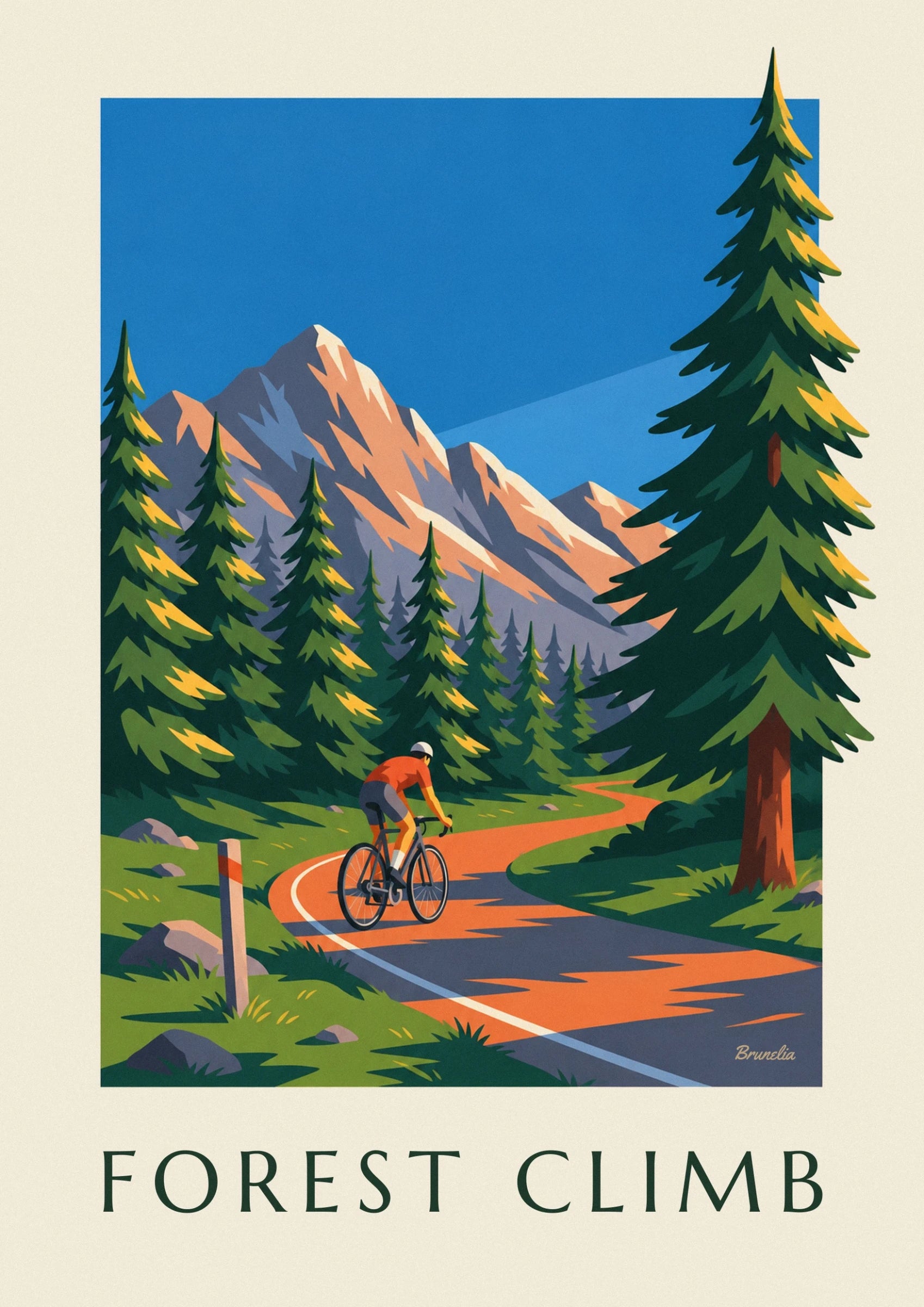 The cyclist in an orange jersey on a black bike, rounding a bend lined with fir trees
