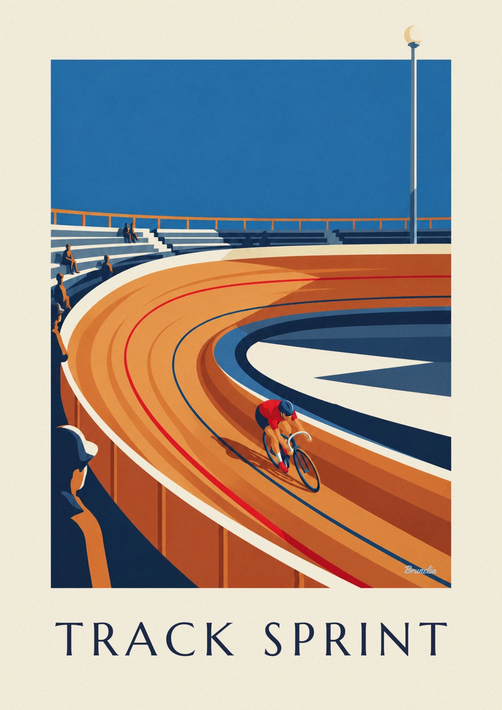 Le cycliste en maillot rouge et casque bleu penché sur son vélo, sur la piste en bois