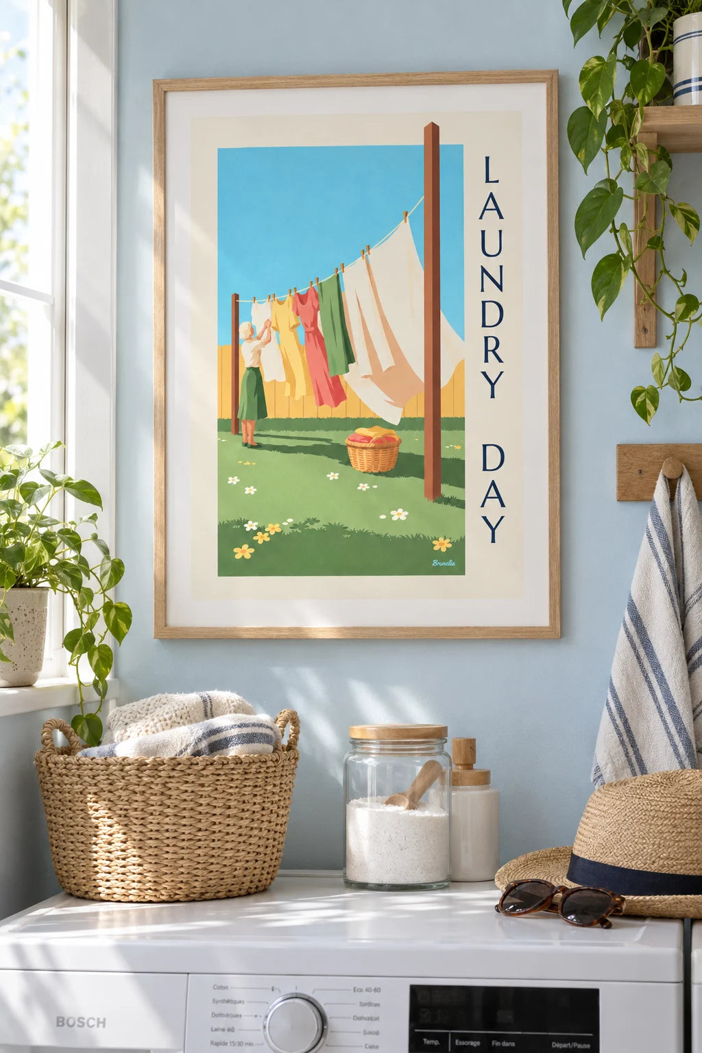 Buanderie : mise en situation de Affiche jour de lessive et linge blanc séchant au soleil