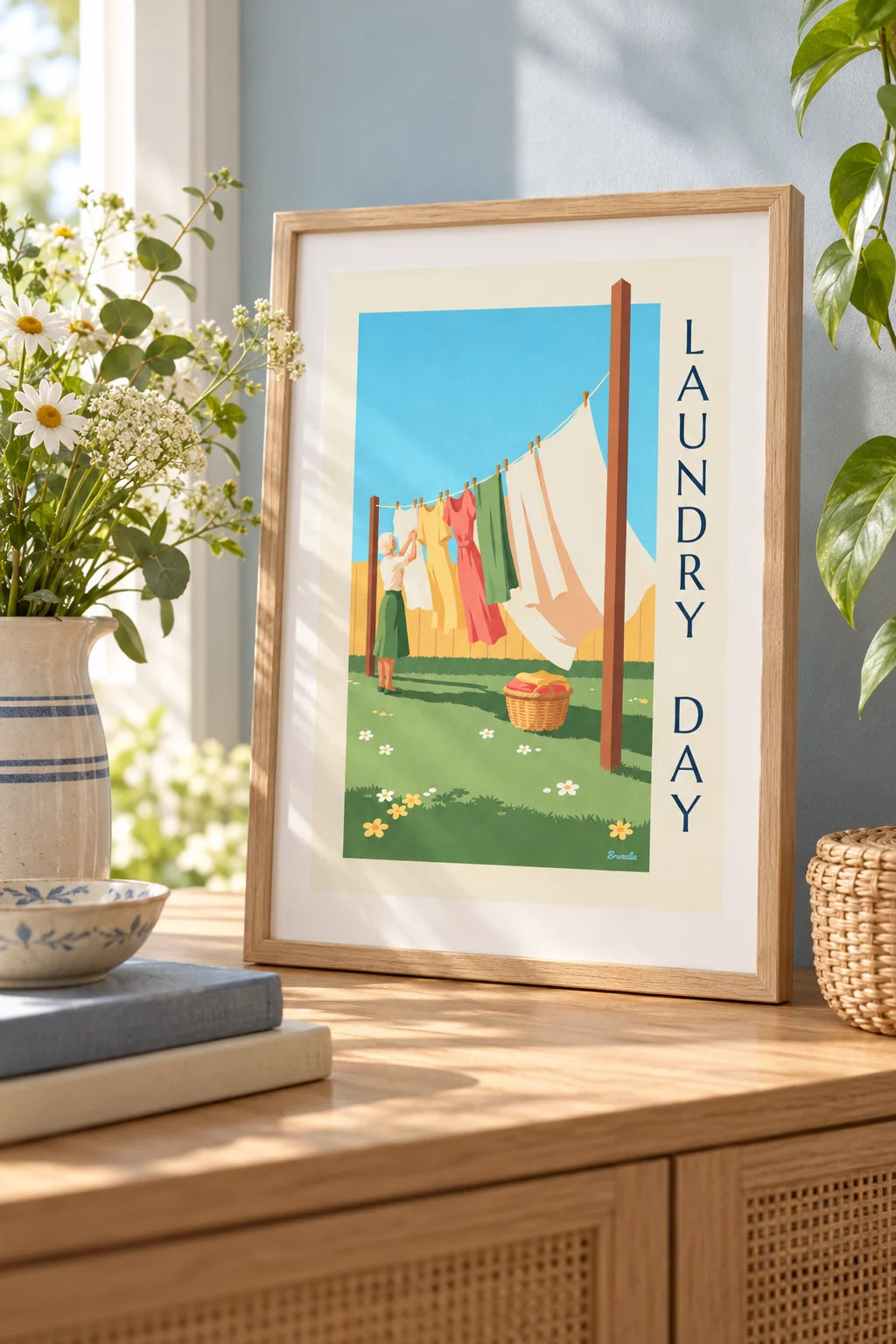 Lavanderia: ambientazione di Poster giorno di bucato e biancheria bianca che asciuga al sole