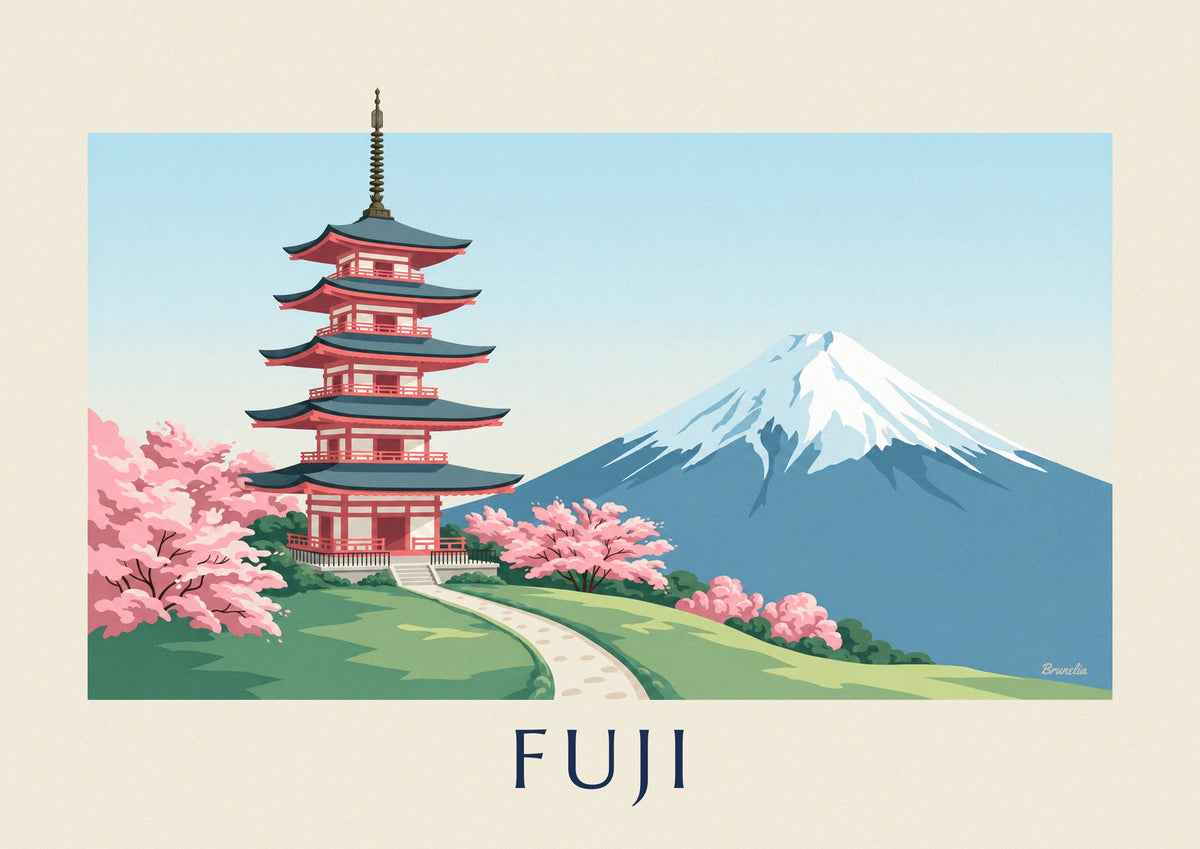 Poster pagoda Chureito di fronte al monte Fuji e ciliegi in fiore