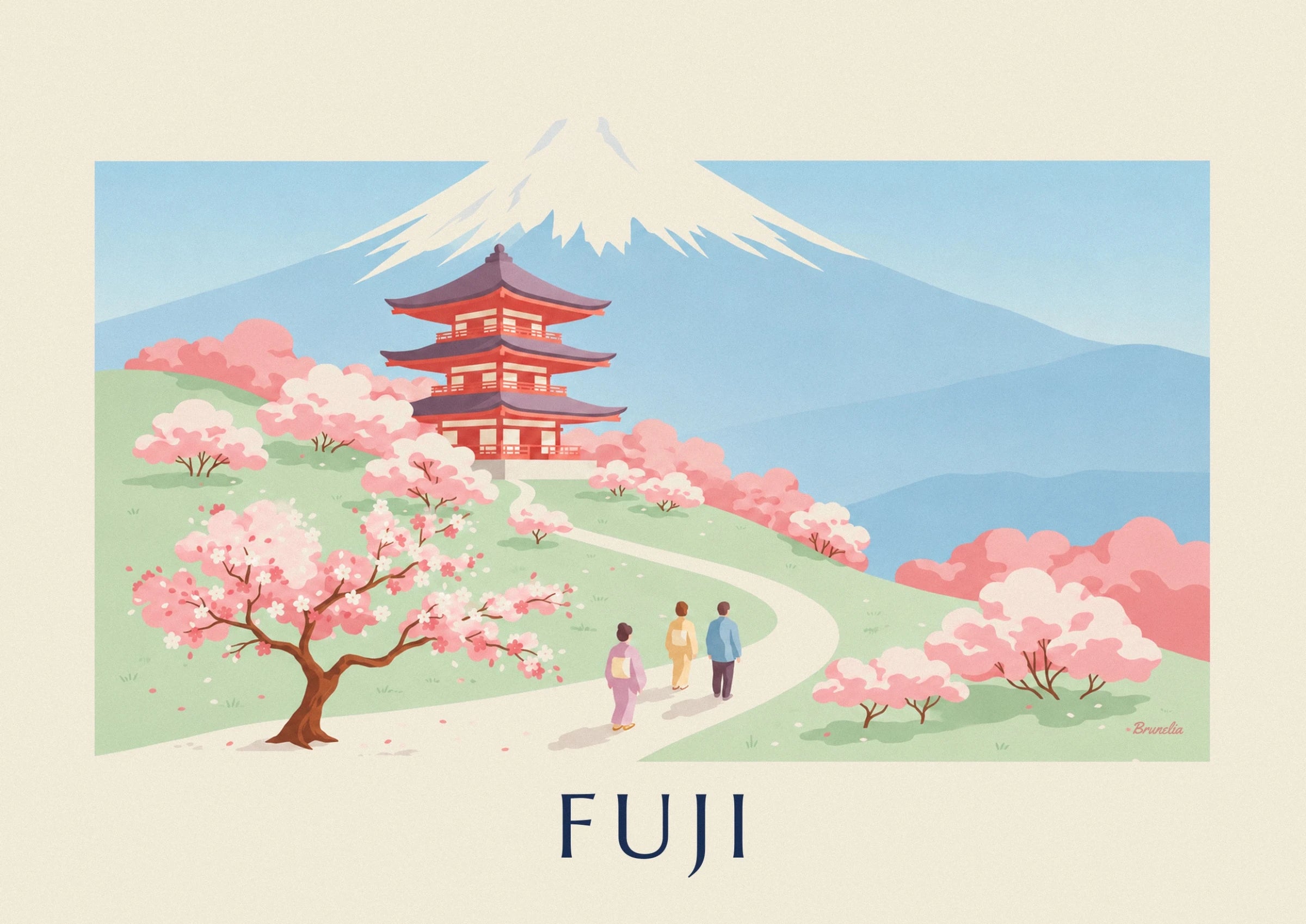 La pagode rouge aux toits violets, entourée de cerisiers roses au pied du mont Fuji