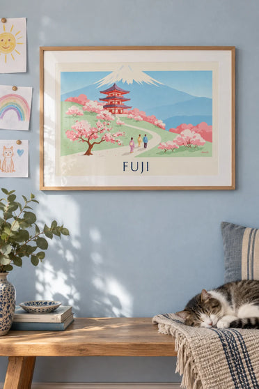 Affiche pagode Chureito face au mont Fuji et cerisiers : encadrée au mur