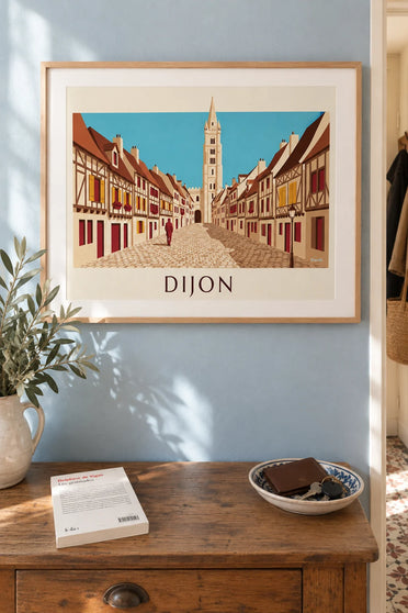 Affiche maisons à colombages médiévales de Dijon : encadrée au mur