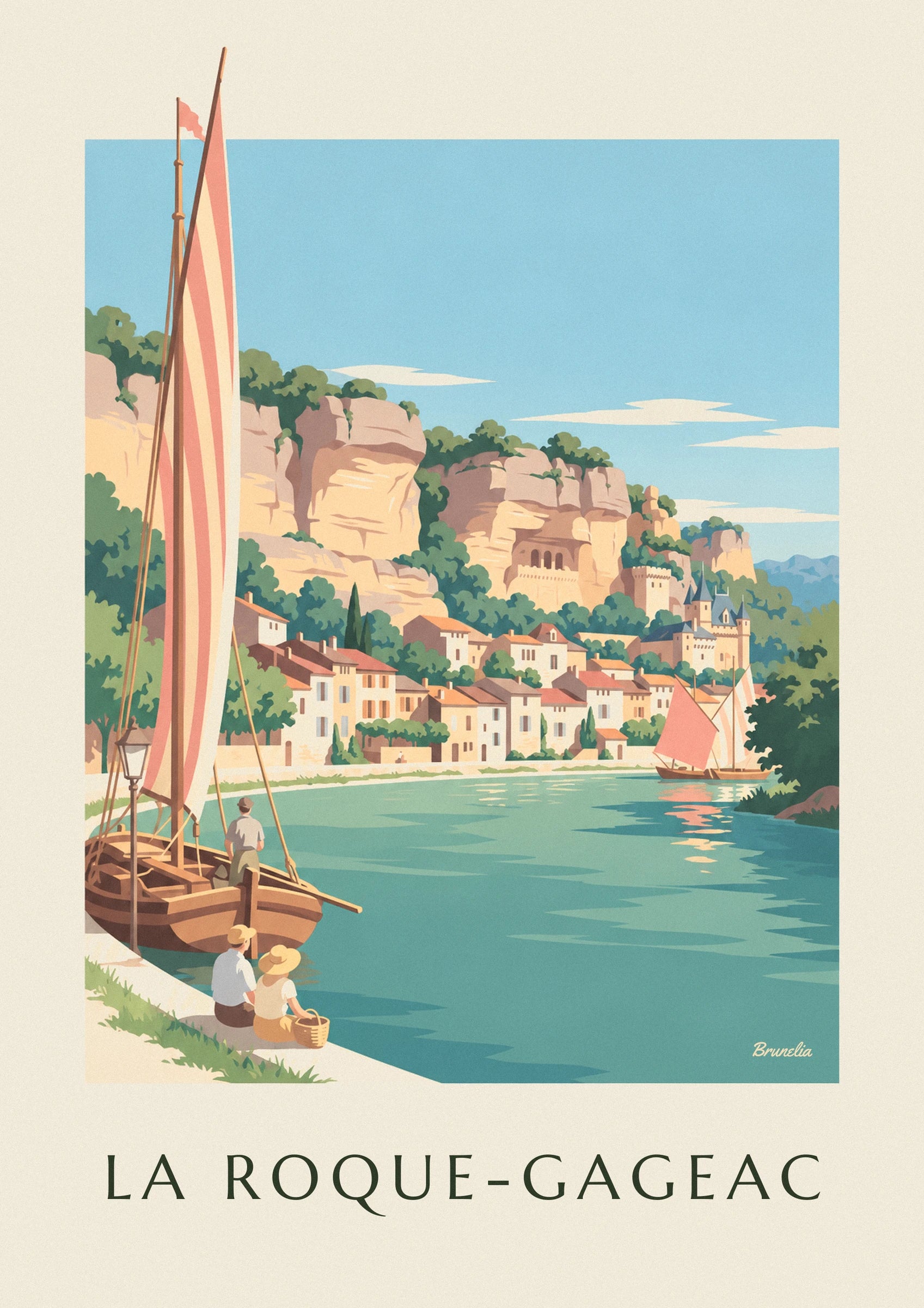 Poster borgo di La Roque-Gageac sulle rive della Dordogna: dettaglio in primo piano