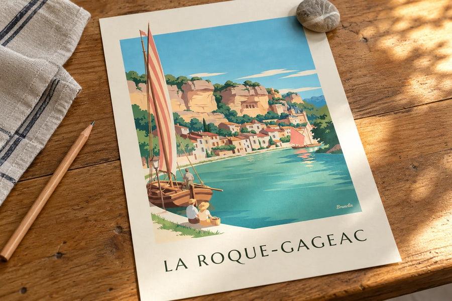 Poster del villaggio di La Roque-Gageac sulle rive della Dordogna: appoggiato su un tavolo