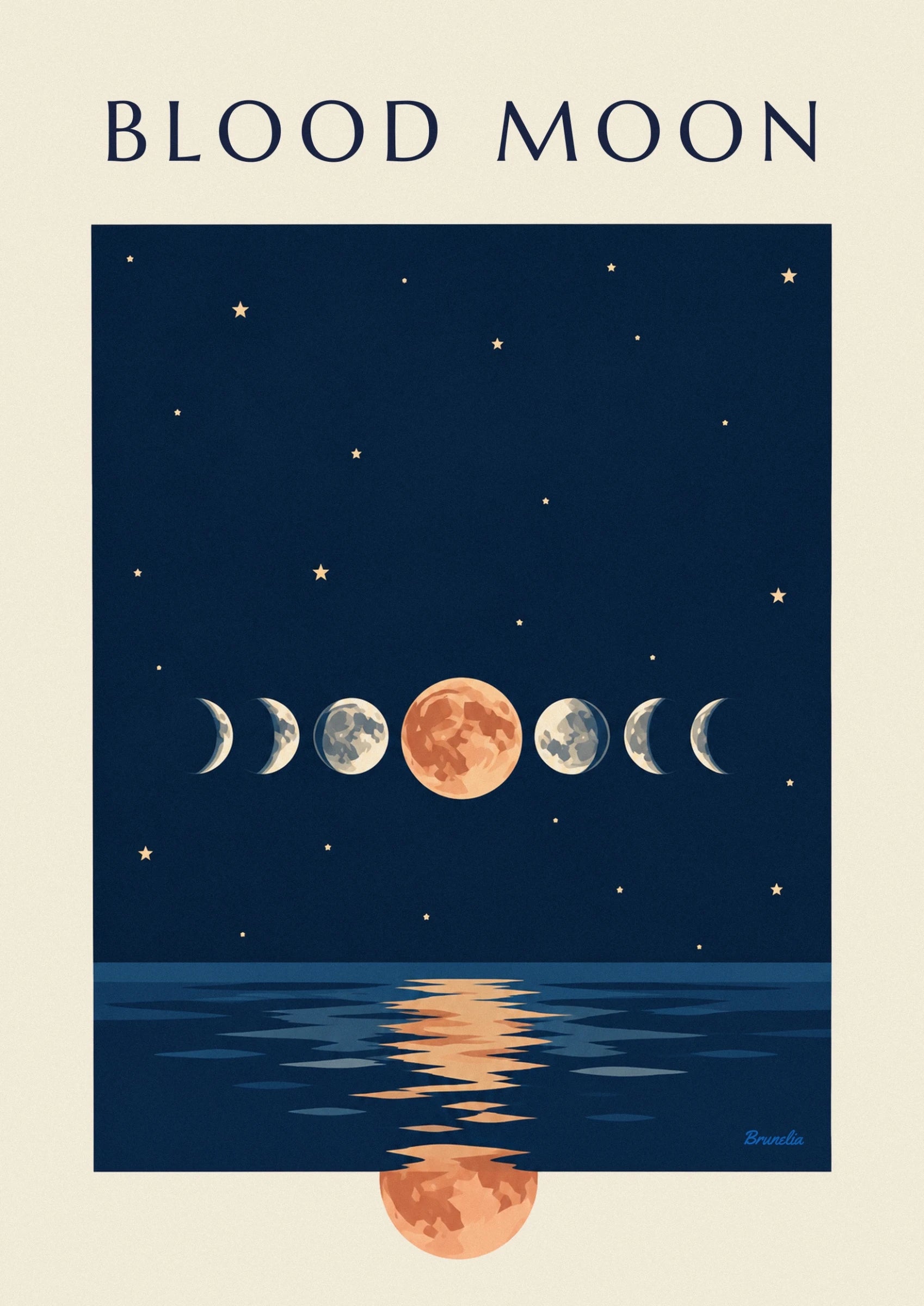 A large orange moon between 2 pale moons against a starry midnight blue sky