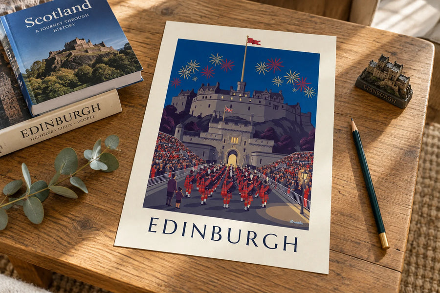 Affiche château d'Édimbourg et Military Tattoo de nuit : posée sur une table