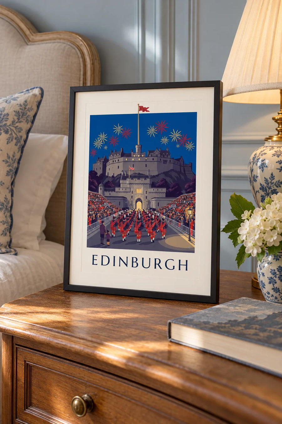 Affiche château d'Édimbourg et Military Tattoo de nuit : petit format A4 encadré