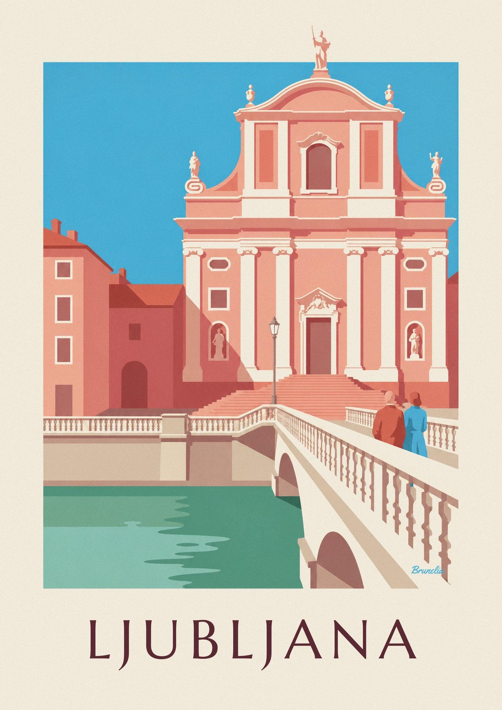 Affiche église franciscaine rose de Ljubljana : détail en gros plan