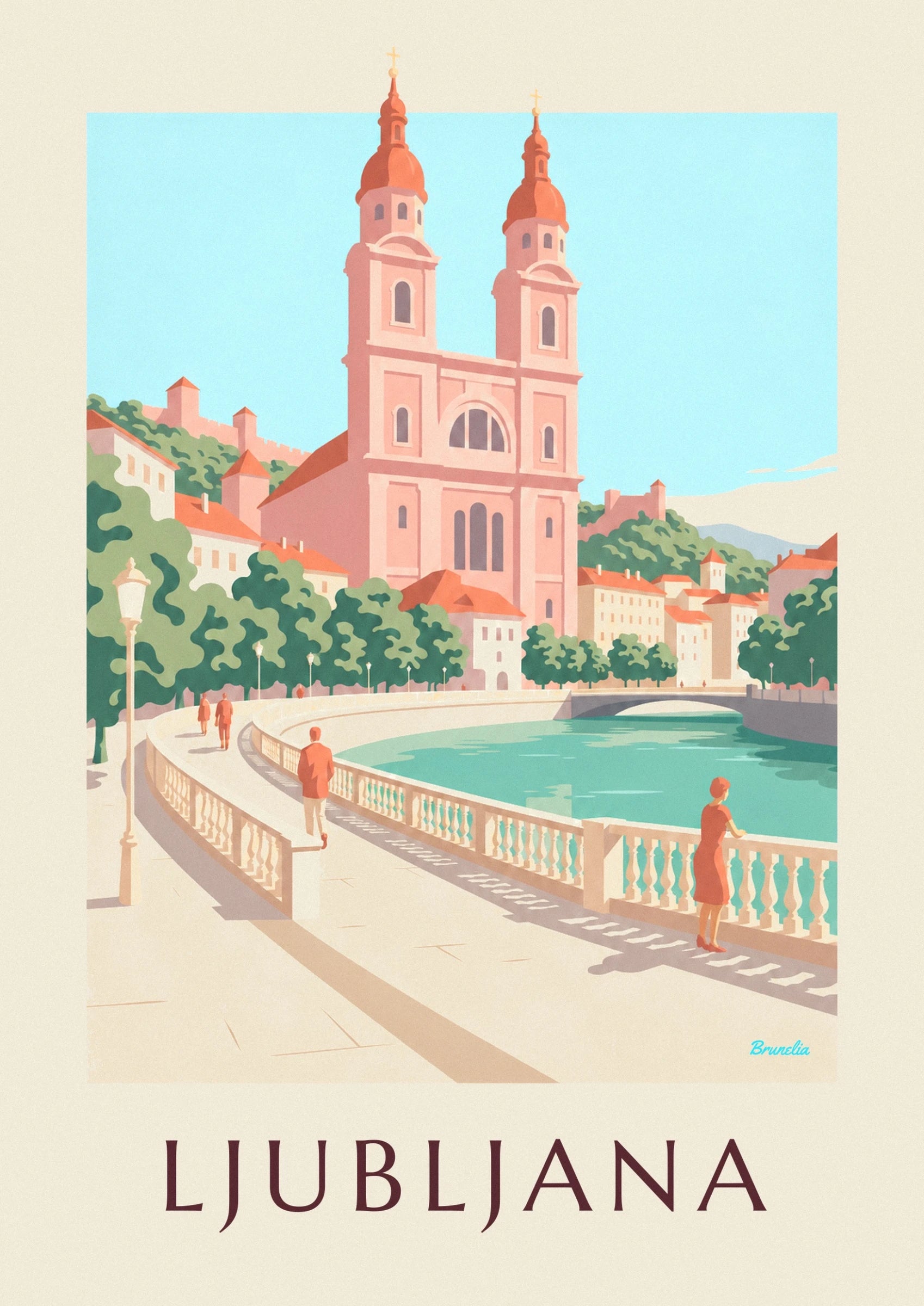 The 2 pink bell towers of the Franciscan church, topped with orange onion domes