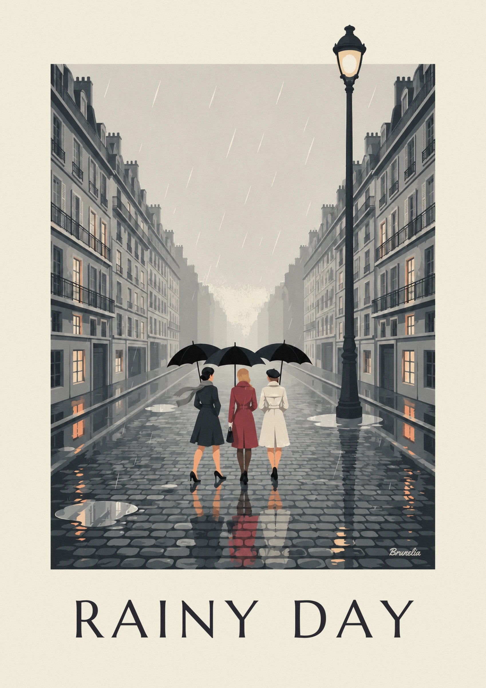 The 3 women seen from behind beneath black umbrellas, in grey, red and white coats, on the cobblestones