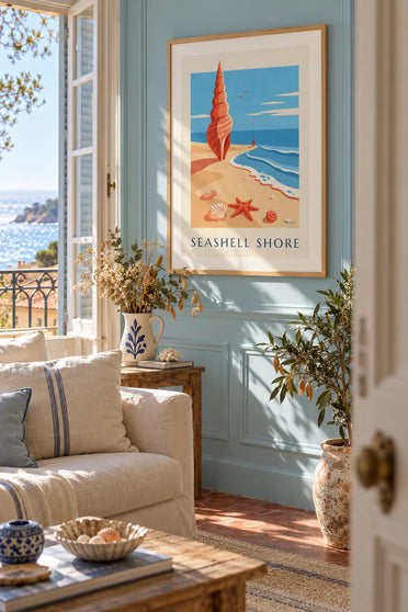 Poster con stella marina e conchiglie sulla sabbia: incorniciato alla parete