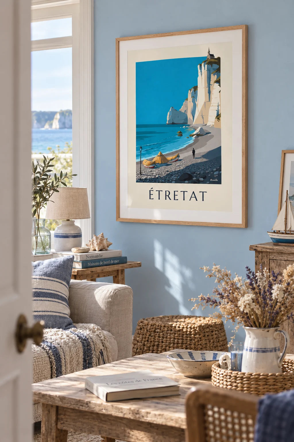 Étretat pebble beach and Amont cliff caloges poster on the wall