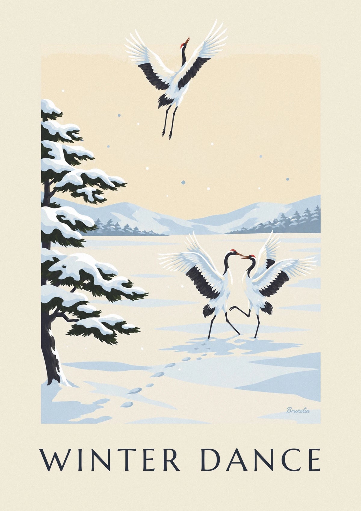 Japanese cranes dancing in the snow poster