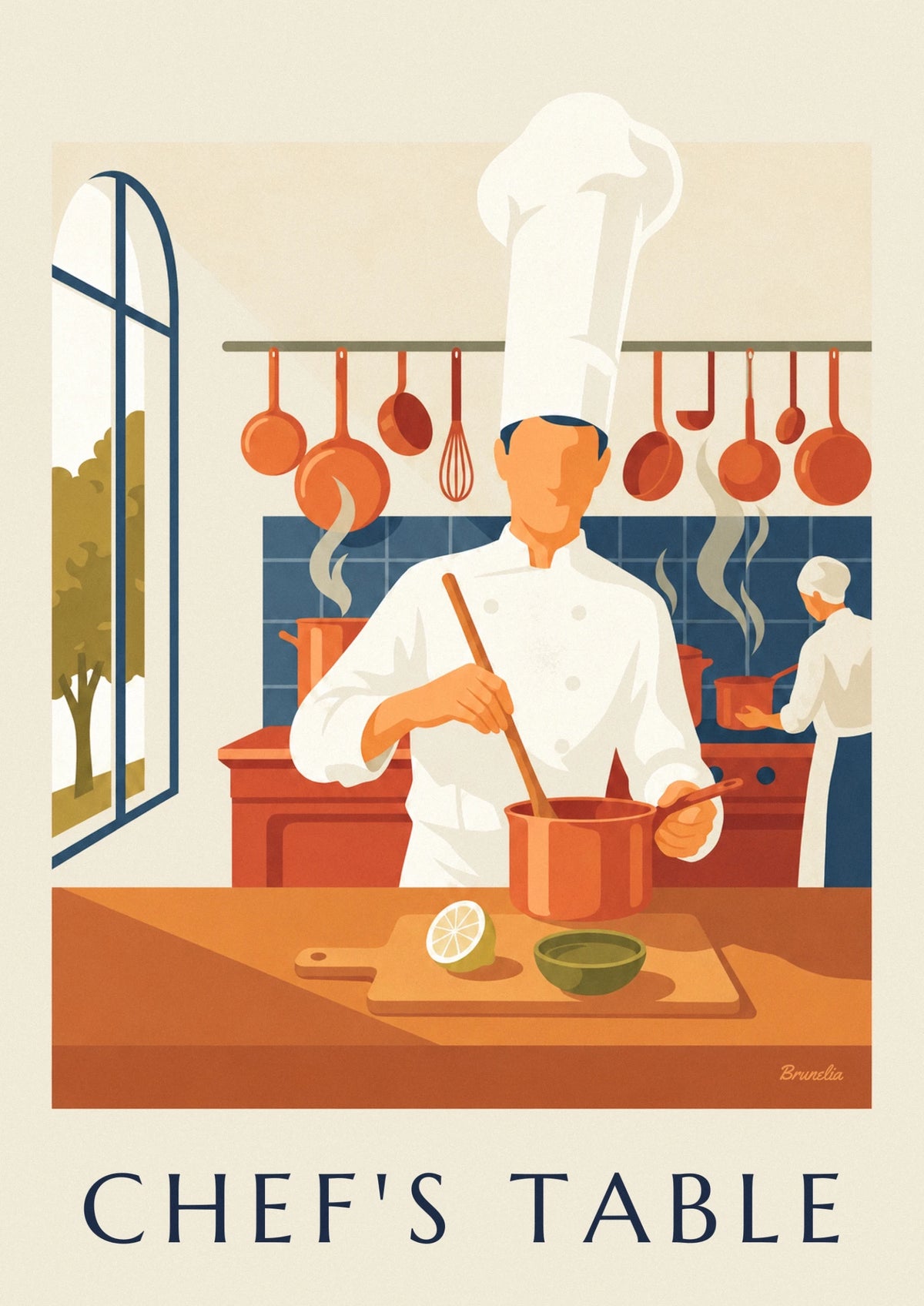 Affiche chef cuisinier en toque entouré de casseroles en cuivre