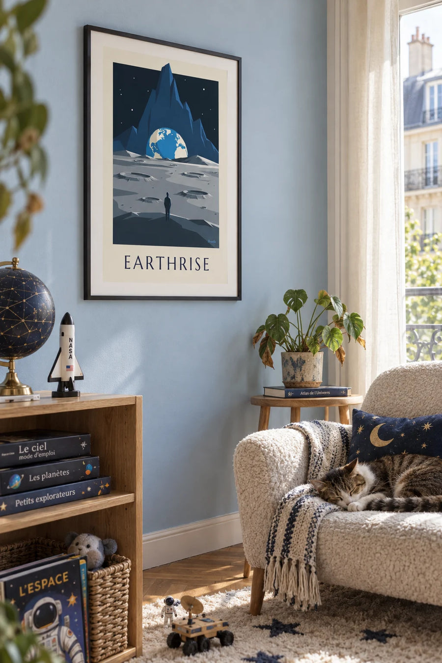 Poster Mondkrater und Erde am Horizont: gerahmt an der Wand