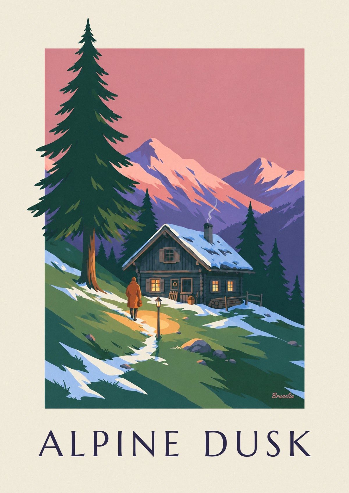 Affiche chalet dans une vallée des Alpes au crépuscule