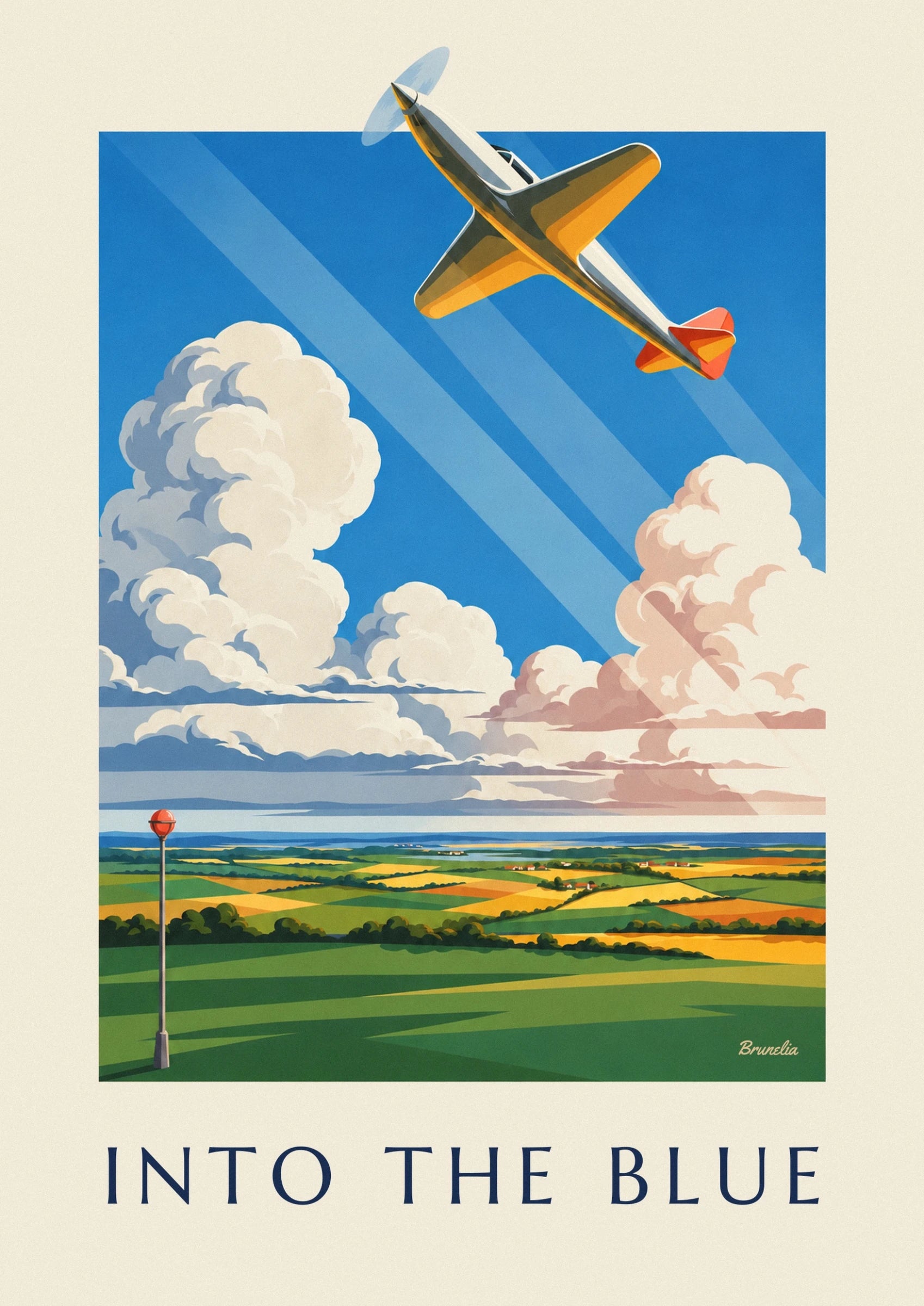 The yellow and orange propeller plane with a red tail, in a blue sky streaked with light