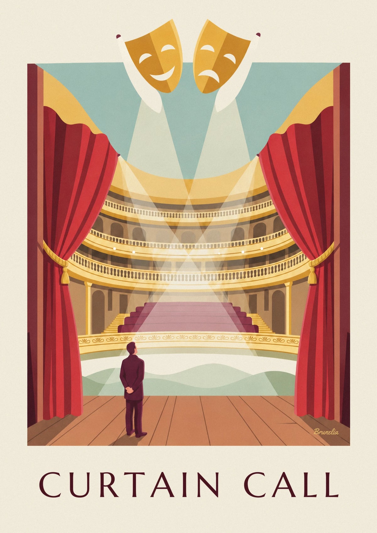 Affiche scène de théâtre aux rideaux rouges et masques dorés