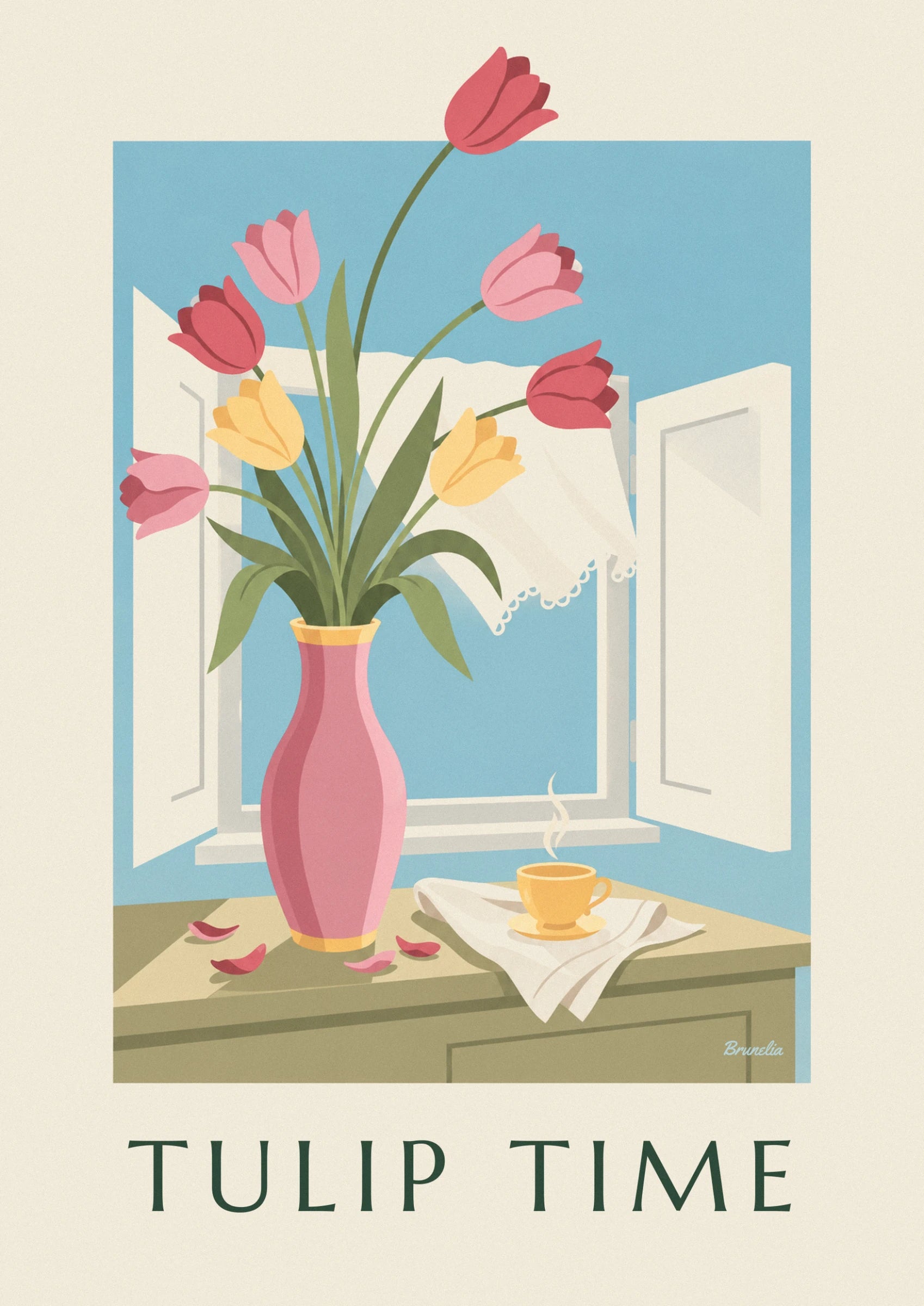 Les tulipes roses, rouges et jaunes dans leur vase rose, devant la fenêtre ouverte