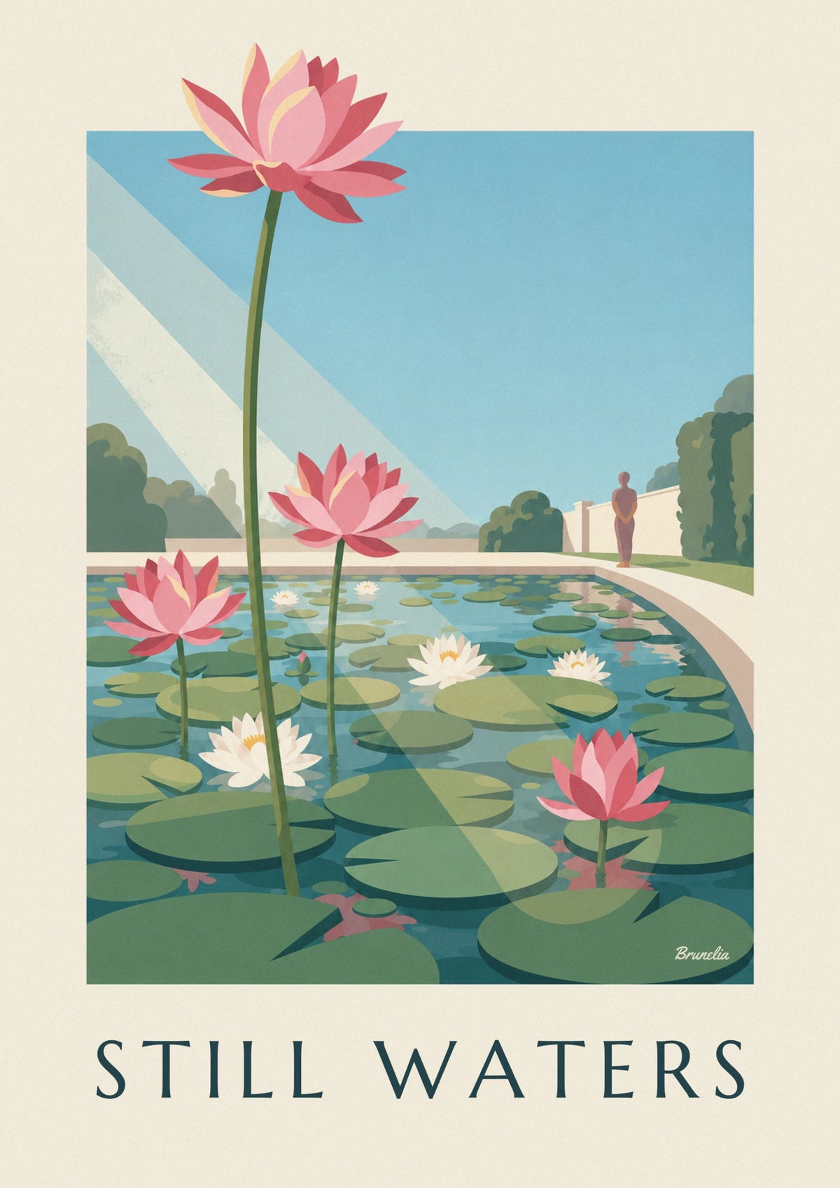 Water lily pond and pink lotus flowers poster