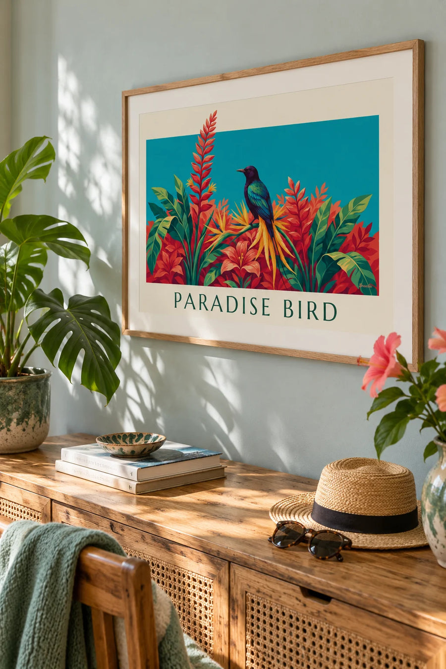 Poster uccello del paradiso tra fiori tropicali: poster incorniciato al muro