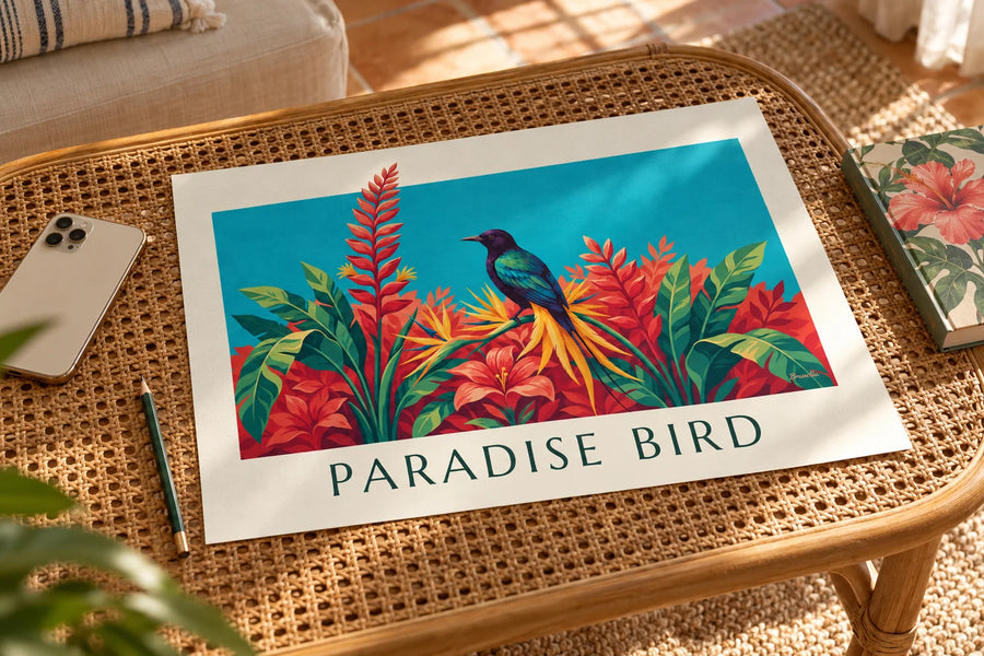 Poster uccello del paradiso tra fiori tropicali: poster appoggiato su un tavolo