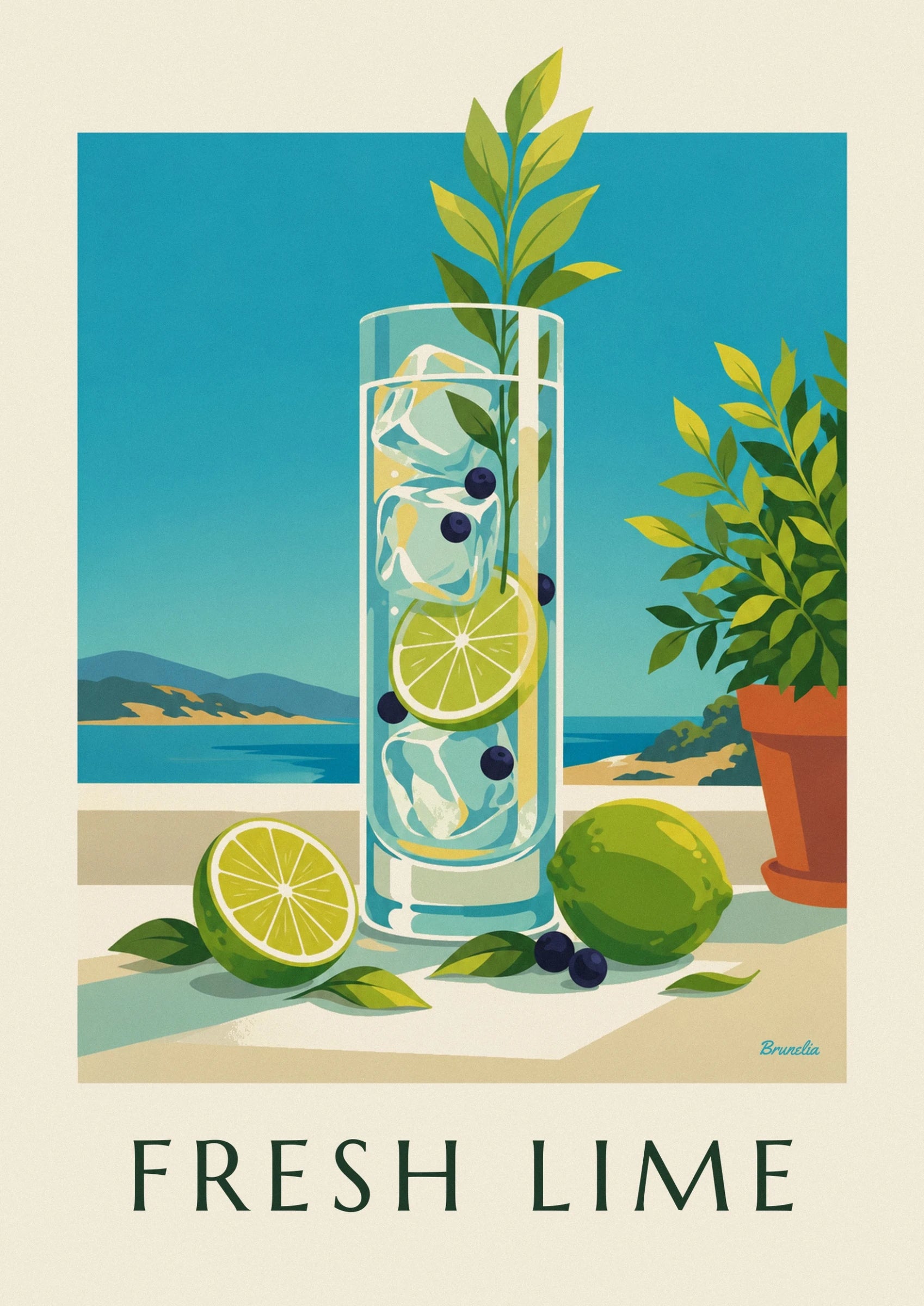 A slice of lime, ice cubes and dark berries in the glass