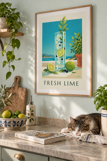 Poster Gin Tonic mit Limette und Wacholderbeeren: gerahmt an der Wand