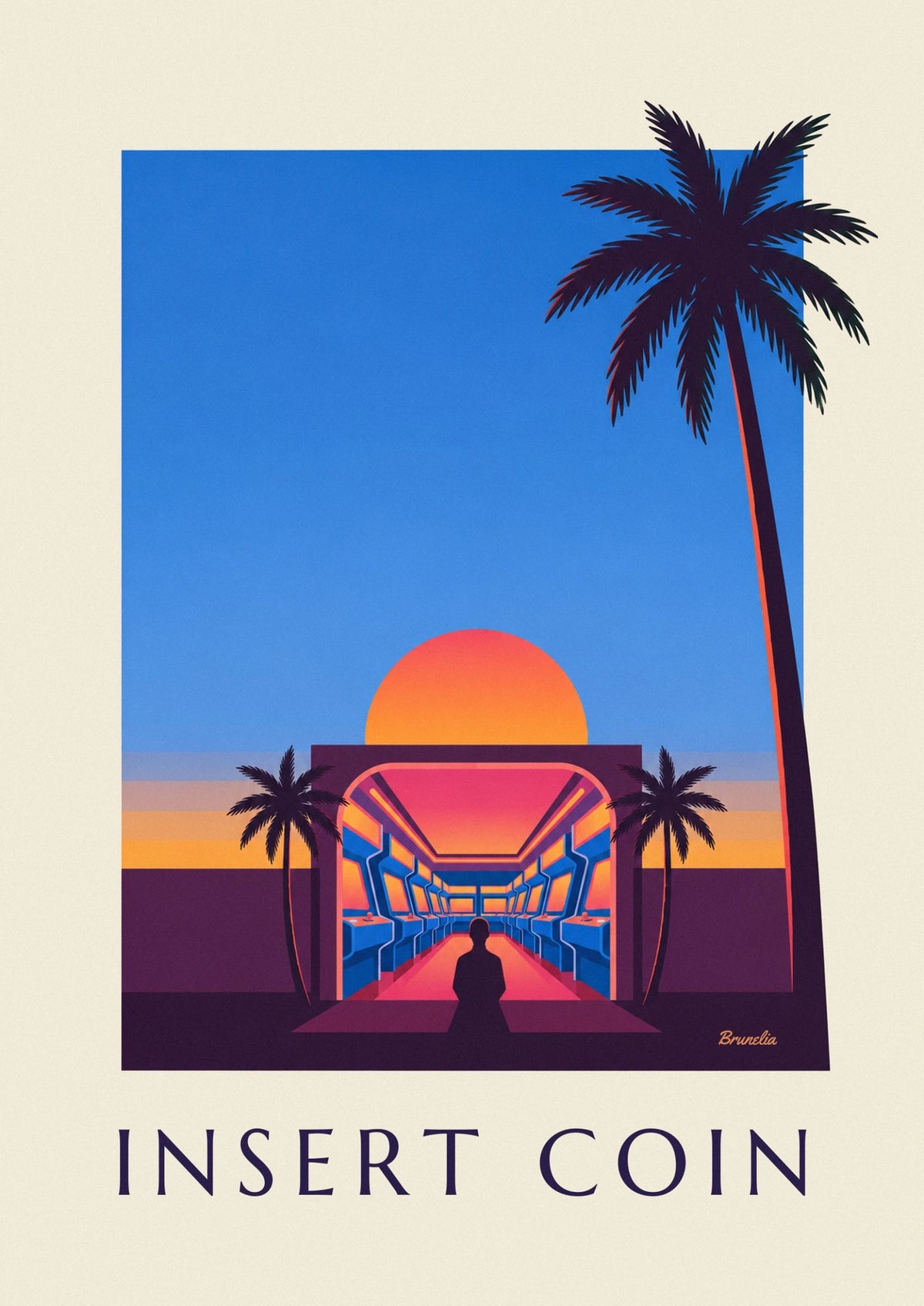 Affiche salle d'arcade, néons et soleil couchant