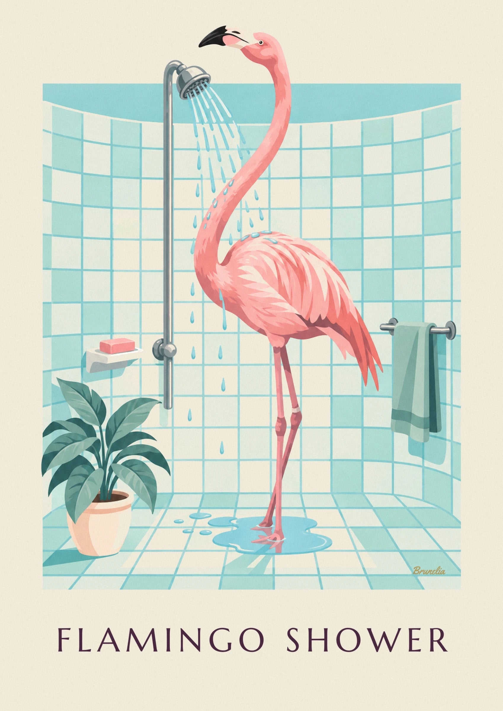 The flamingo’s pink feathers and long legs in front of the turquoise tiles