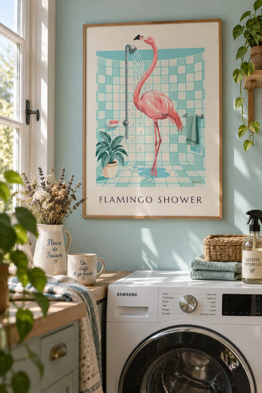 Poster of a pink flamingo taking a shower in a bathroom: framed on the wall