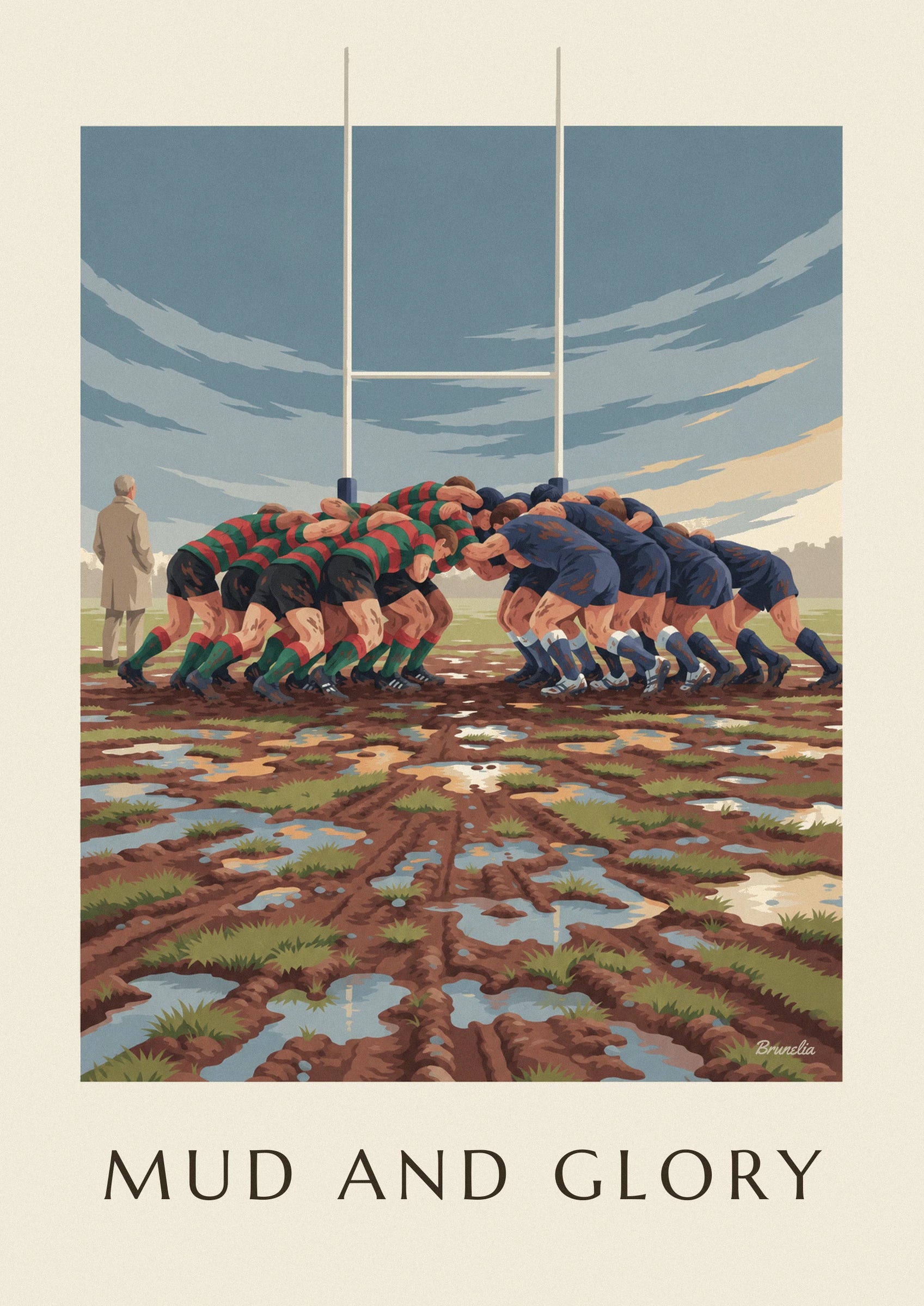 Poster mischia di rugby nel fango sotto un cielo di pioggia: dettaglio in primo piano