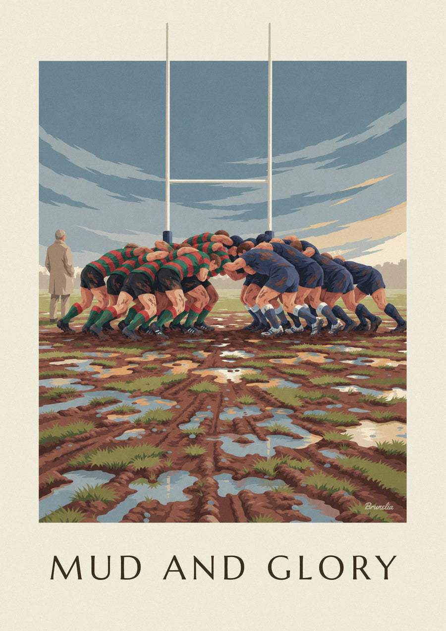 Poster mischia di rugby nel fango sotto un cielo di pioggia