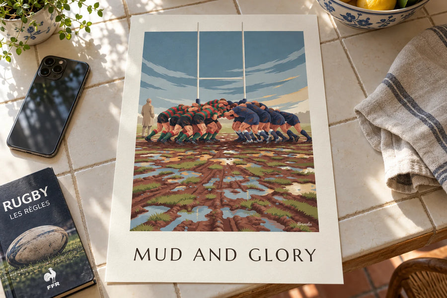 Poster mischia di rugby nel fango sotto un cielo di pioggia: appoggiato su un tavolo