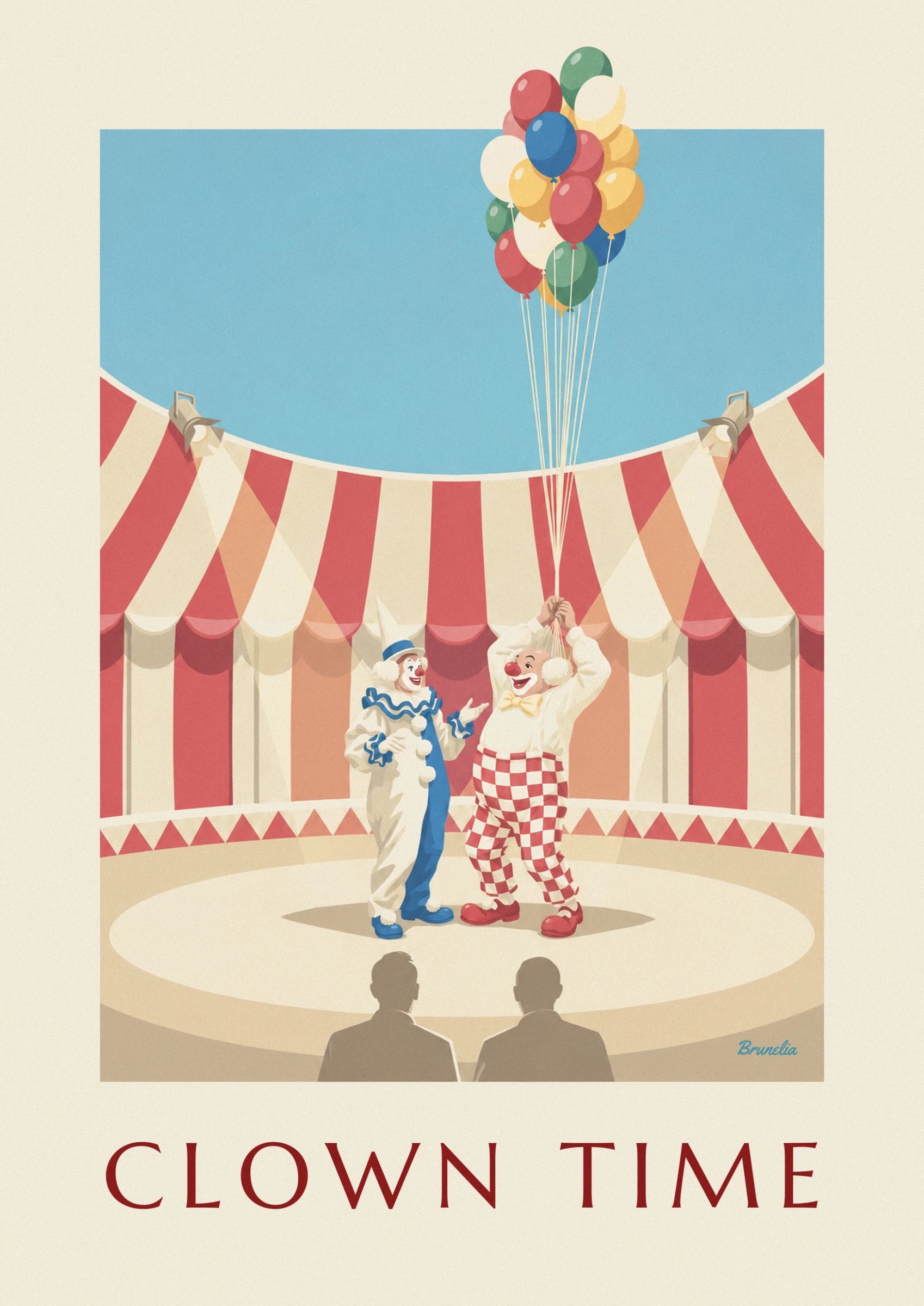 Le clown blanc en bleu et l’auguste au pantalon à carreaux rouges sous le chapiteau