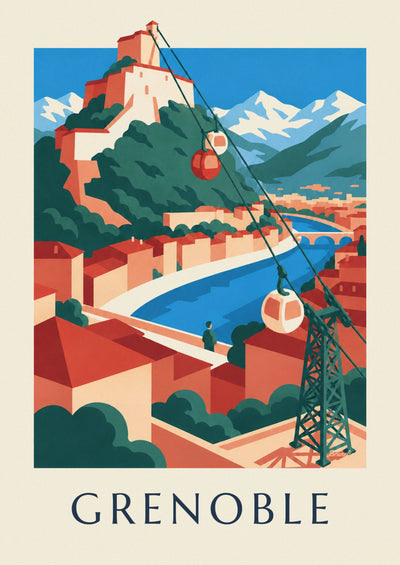 Affiche téléphérique de Grenoble et ses bulles vers la Bastille : l'affiche entière