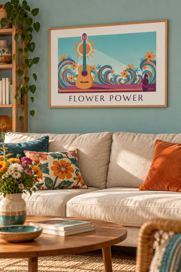 Poster Akustikgitarre und psychedelische Wellen im Flower-Power-Stil: gerahmt an der Wand