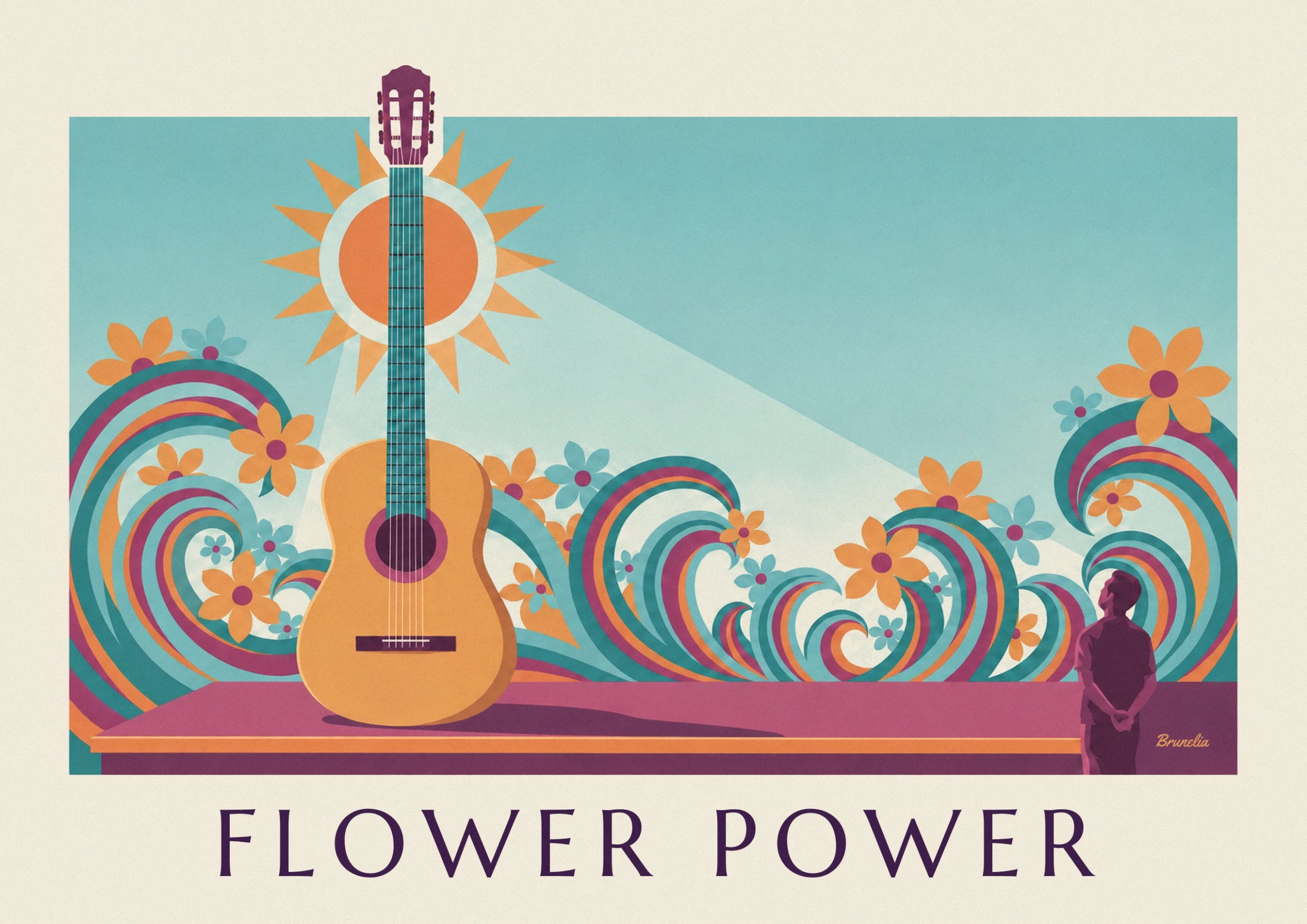 La guitare acoustique devant un soleil orange, entourée de fleurs et de vagues