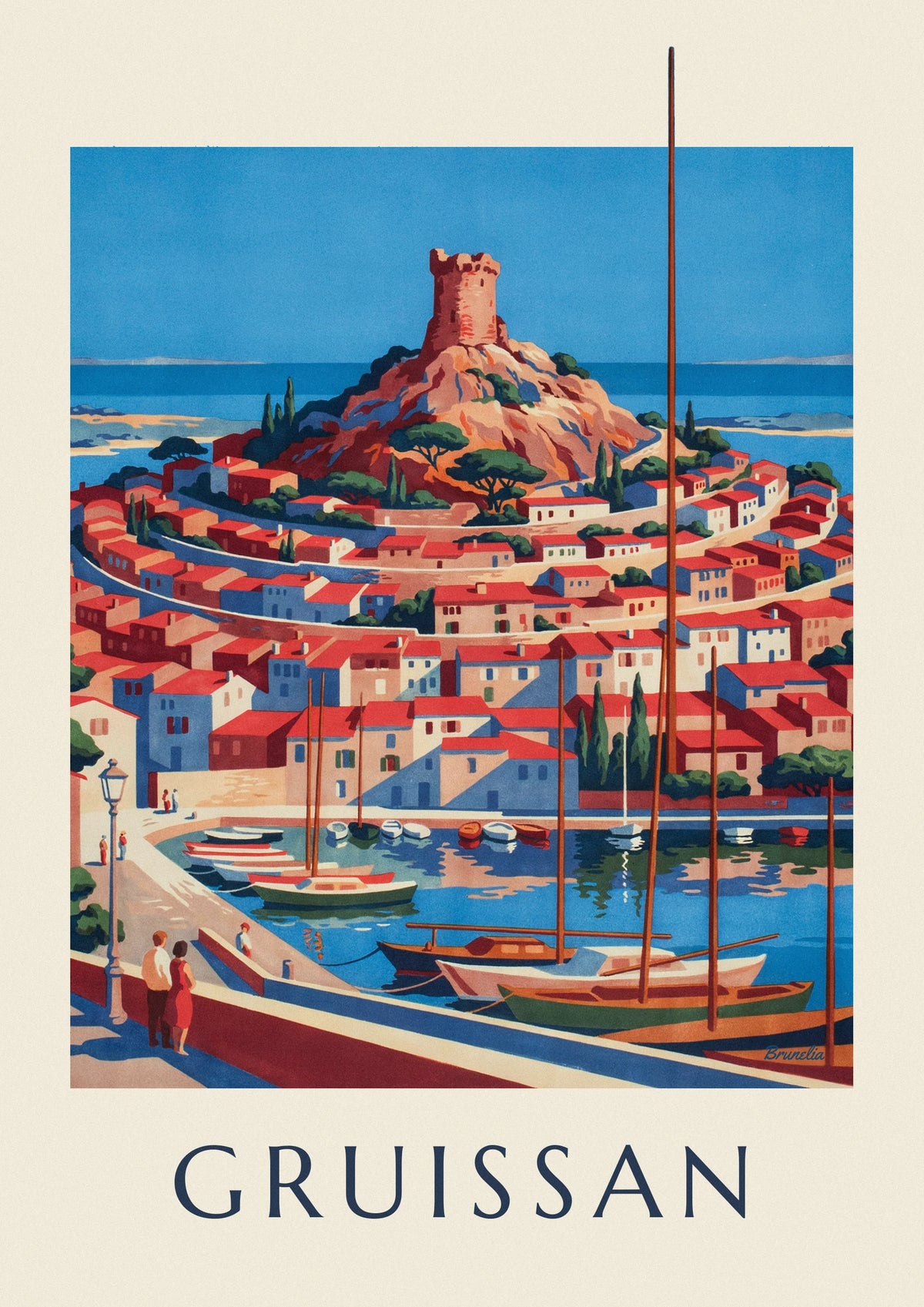 Poster Tour Barberousse in Gruissan über Dächern und Hafen